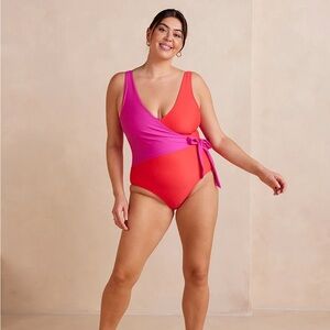 Colorblock One-Piece Wrap Swimsuit - Pink & Red